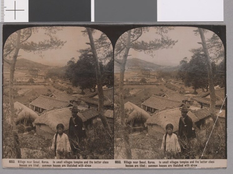 Two sepia photographs side by side, depicting the exact same image - an older man and younger girl standing in front of a small village, including some houses with thatched roofs.