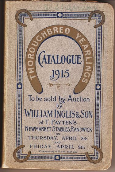 An A4 rectangle book printed with blue text, encompassed within a blue rectangle border. A horseshoe shape image with the word 'thoroughbred yearlings' takes up half of the page.
