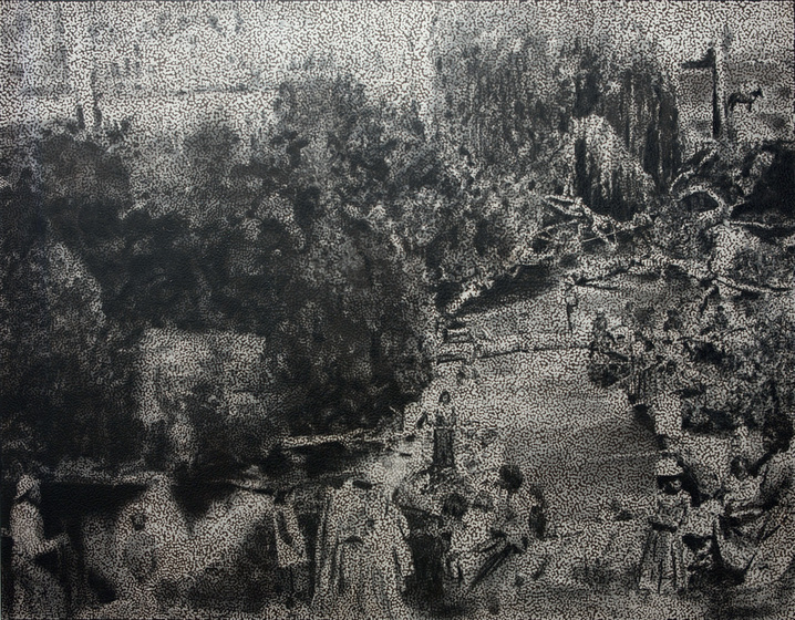 Figures rest beside a river in low contrast black and white.