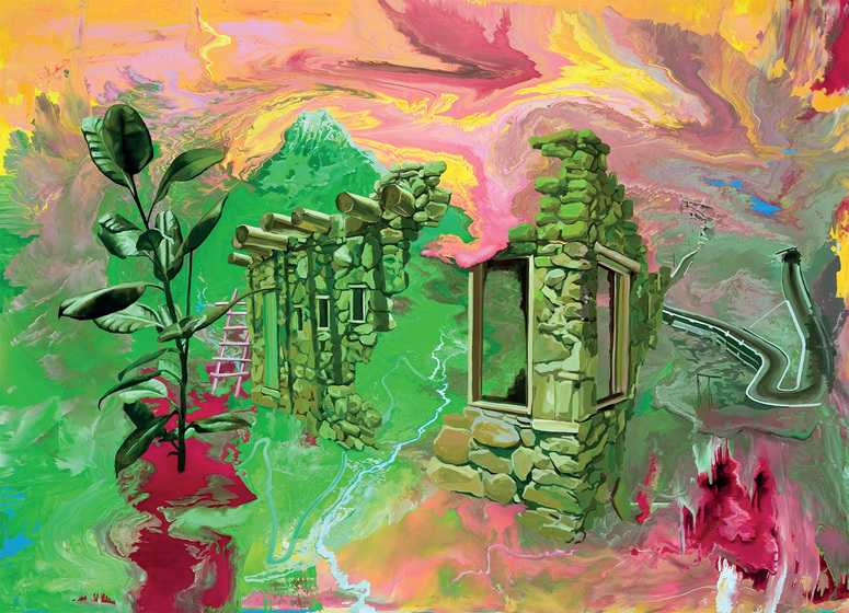 Rubber tree and parts of a stone dwelling superimposed on swirling painterly shapes in green, yellow, pink and burgundy.