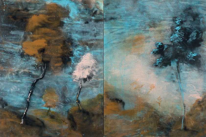 A painterly brown, a pink and a black tree aganst a smudgy dark sky on two conjoined panels.