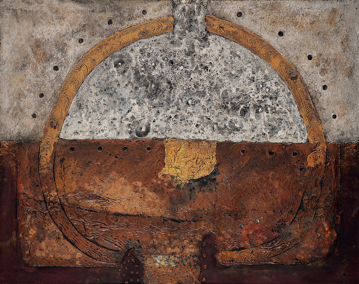 Textured geometric abstraction featuring an horizon, brown below and grey above, with the orange outline of a circle superimposed.