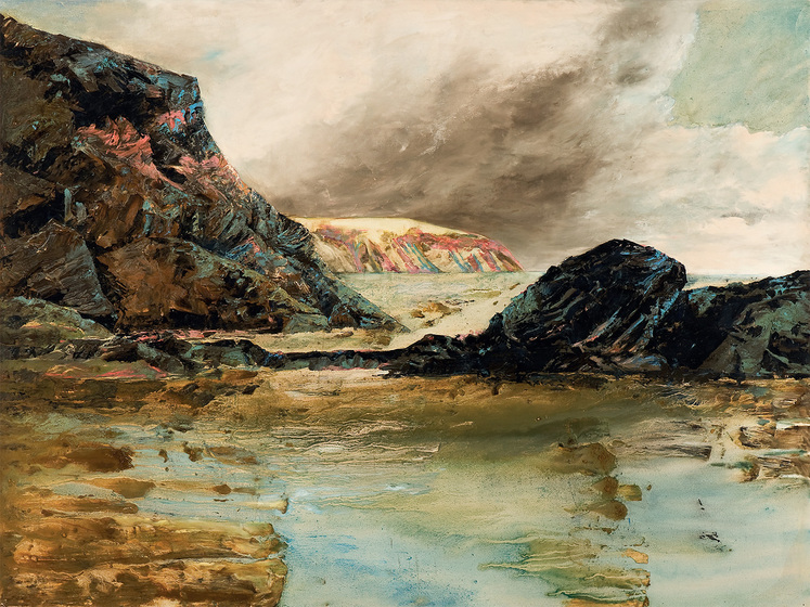 Painterly coastal scene in brown blue tones.