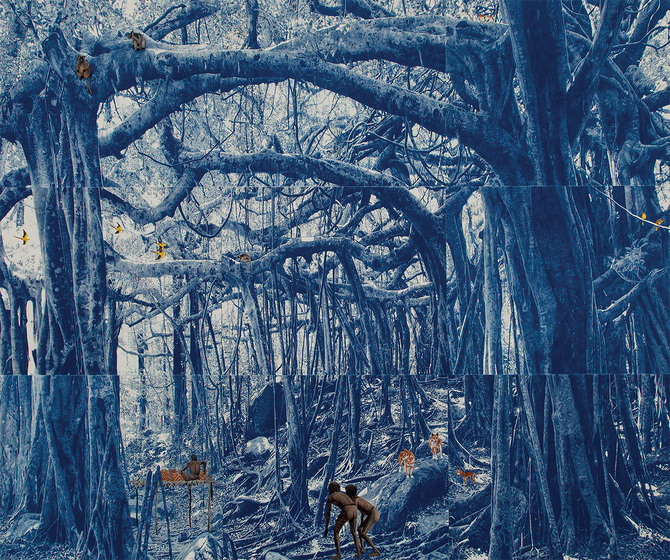 Collage of small indigenous figures under huge blue mangroves.