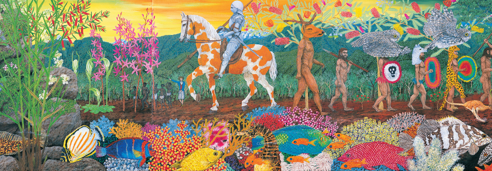Vivid complex landscape panorama. In the centre a knight in armour on a piebald horse.