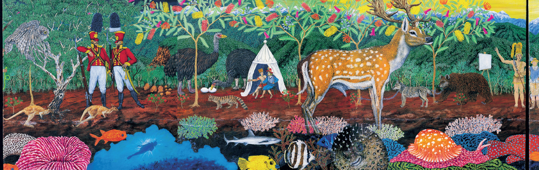 Vivid complex landscape panorama with two colonial soldiers and a deer.