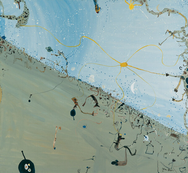 Square divided by a diagonal horizon line. Flat grey landscape. Yellow sun. Cursive markings suggesting flocks and sparse vegetation.