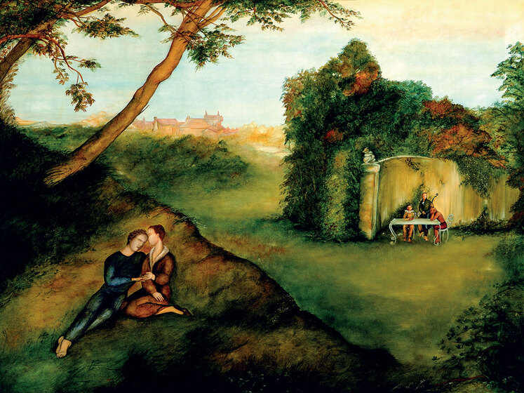 Verdant landscape. Foreground left lovers embracing. Mid-ground right three figures at a table in a ruin. Background gables of distant town.