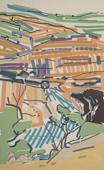 Landscape rendered as a complex of loose brush strokes in muted tones.