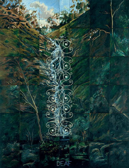 A waterfall pouring over a lush bank, the sky showing at the top. Over the waterfall is painted a symmetrical white curlicue device and the word 'DEAF' at it's foot.