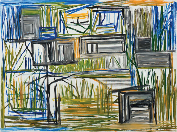Abstraction of vigorous vertical and horizontal brush strokes sometimes forming rectangles and suggesting water and reeds.