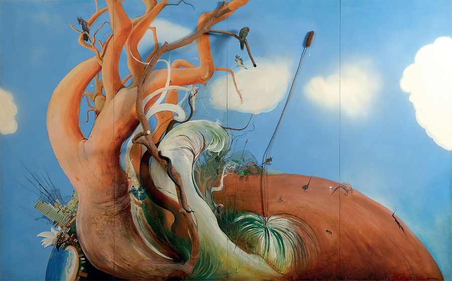 Distorted intertwining trees and a city on red earth against a bright blue sky.