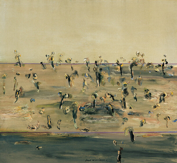 Landscape with high horizon. Sky and ground faun in colour. Foreground charcoal in colour. Ground covered in paint dabs suggesting sparse shrubs.