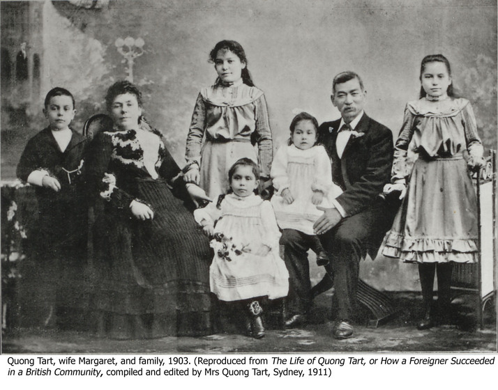 A family group pose for a portrait. They're all in formal wear with the parents seated in ornate chairs and the remaining five children standing next to them, or sitting in their lap.