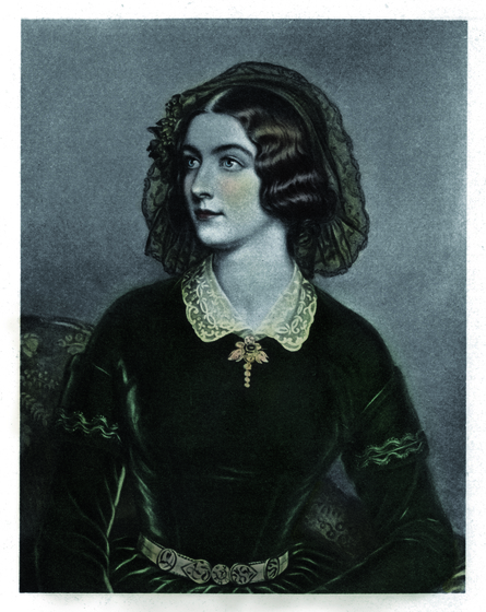 Print of a woman wearing a green dress with lace collar, brocade belt and embroidered sleeves. She is wearing a decorative bonnet over the back half of her head and she is looking away from the camera.