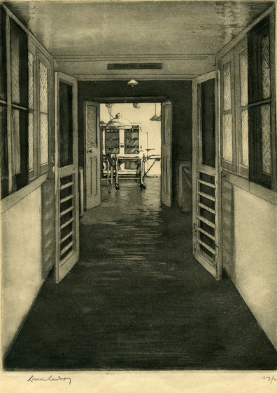 Black and white drawing of a hospital ward, swinging doors poised open as you look down the hall to an open operating room.