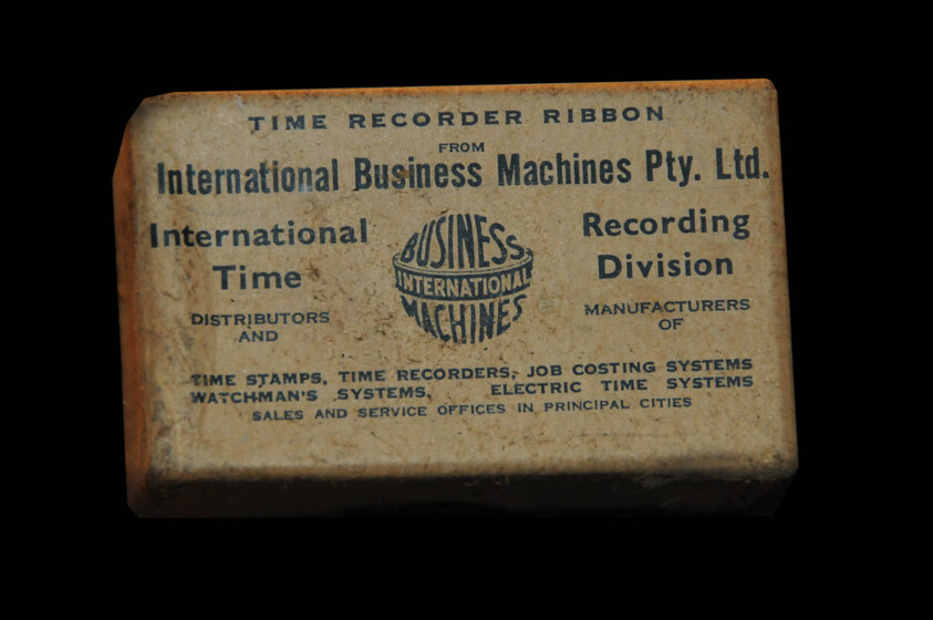 a box with writing on top saying Time recorder ribbon from international business machines
