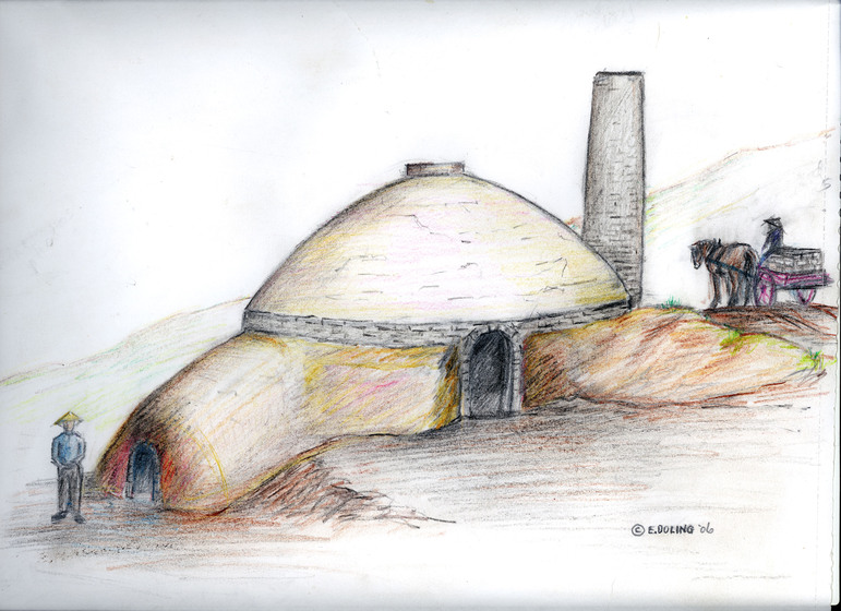 Coloured drawing of an earthen kiln, submerged slightly into a hillside with a brick dome structure and chimney on top. At the bottom of the hills is a man and at the top of the hill a horse and carriage.