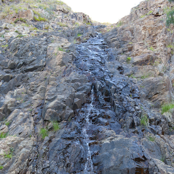 Rocky cliff with moss patches viewed from below and overcast sky above. The middle of the cliff's rocks are damp, with a light waterfall running down.