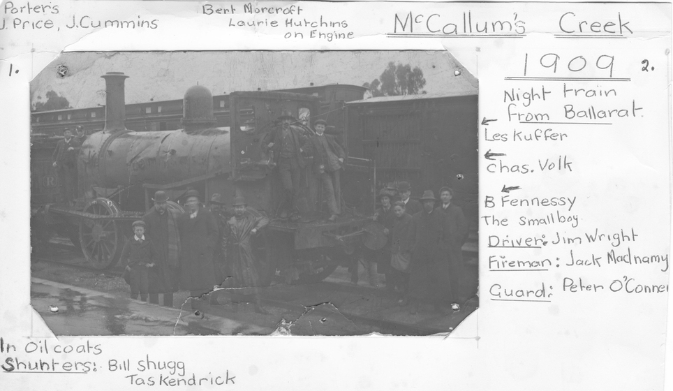 Photograph with cut corners stuck to white card. Image shows a train engine with men and one child surrounding. Handwritten text surrounds the image on the card, listing the names of people in the image with the title 'McCallum's Creek 1909 Night train from Ballarat'. 