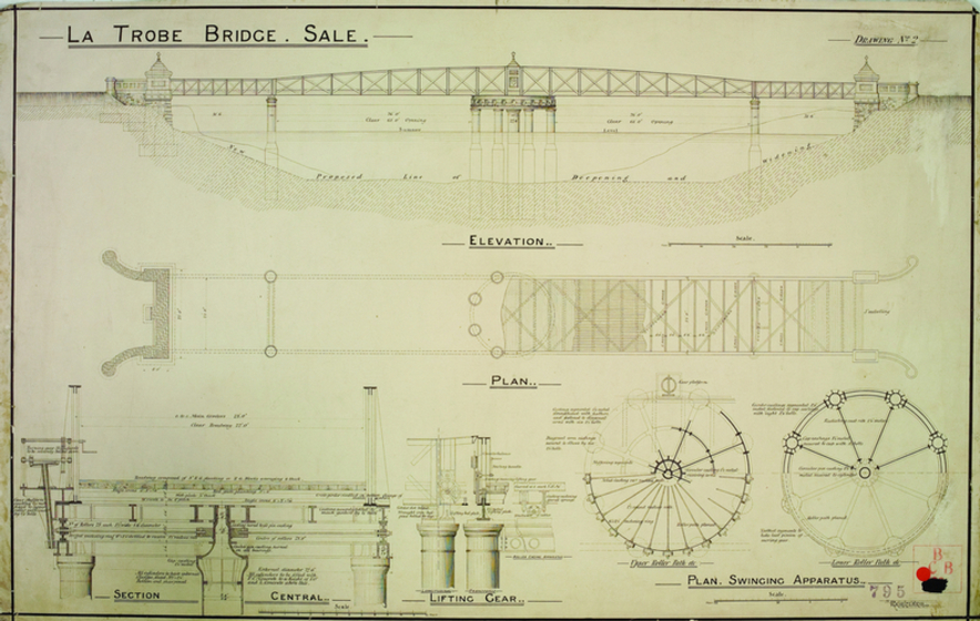 Architectural drawing of a bridge side and overhead view, with detail in bottom left corner of support columns. Handwritten title on drawing reads 'La Trobe Bridge Sale'
