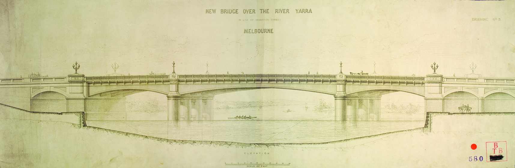 Line drawing of a bridge crossing a river with arches below.