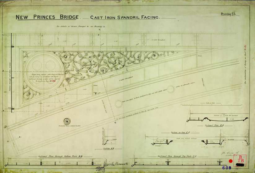 Architecture drawing of corner detail of a bridge arch, showing ornate design.