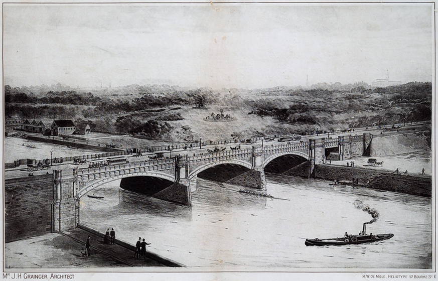 Bridge with three arches crossing a river. Landscape on the far bank is seen, with a steam boat on the river in the foreground.