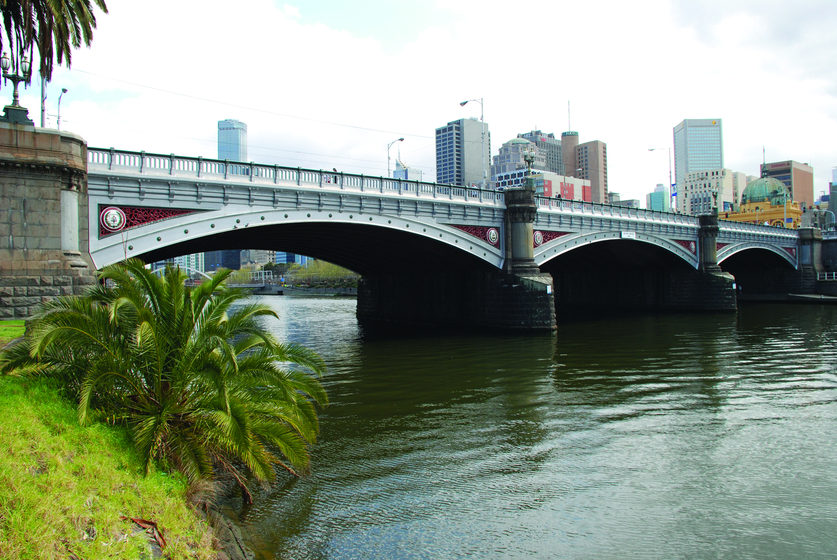 Three arch bridge crossing a river. A city with high rise buildings is visible on the far bank. In the foreground is a large palm-like scrub on the opposite bank.