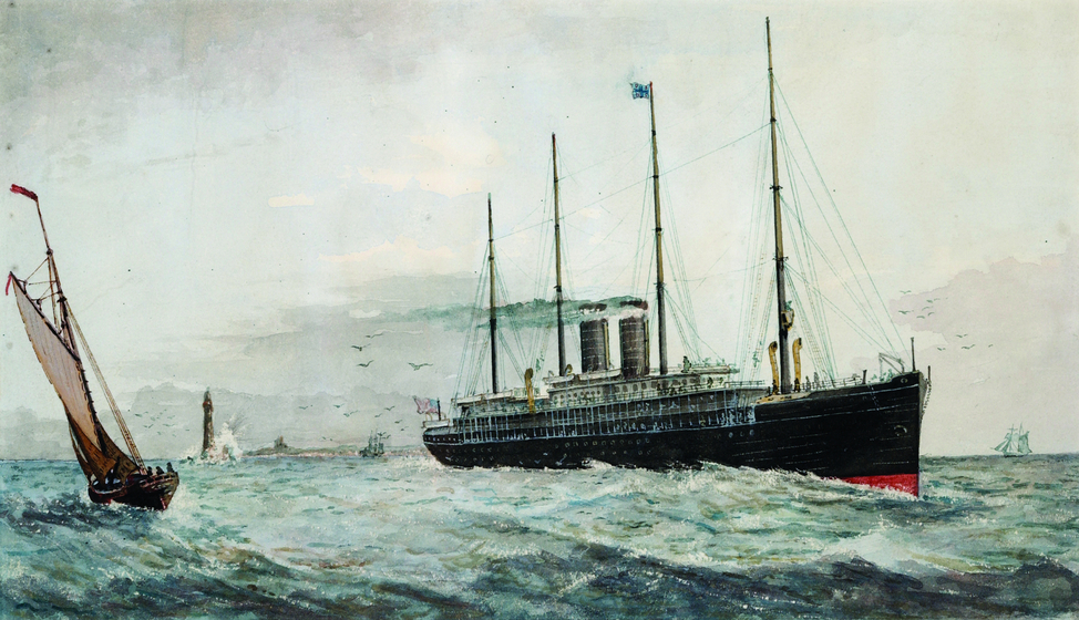 Shop with four masts and two steam posts sailing through choppy water. A smaller sail boat is to the left.