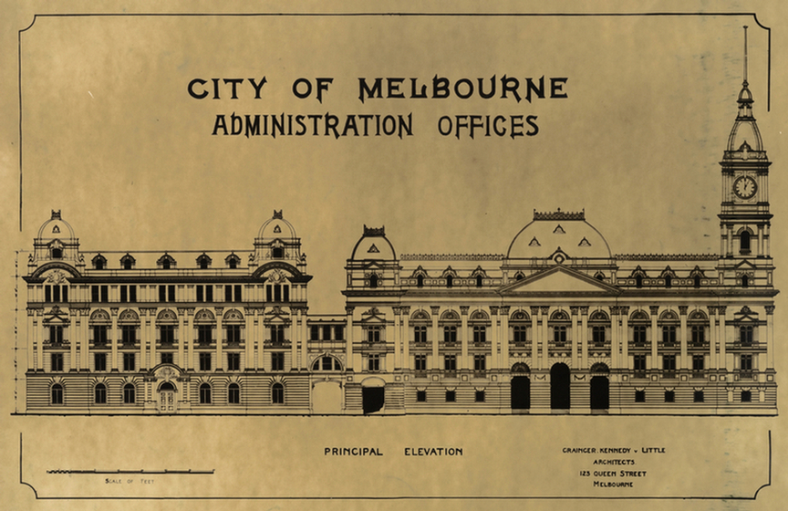 Drawing of the side of a long three story building with a clock tower on the far right, and small and large domes on the roof.