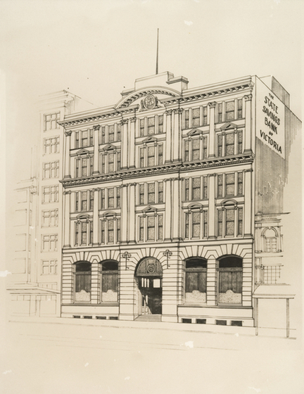 Line drawing of the facade of a three story stone building.