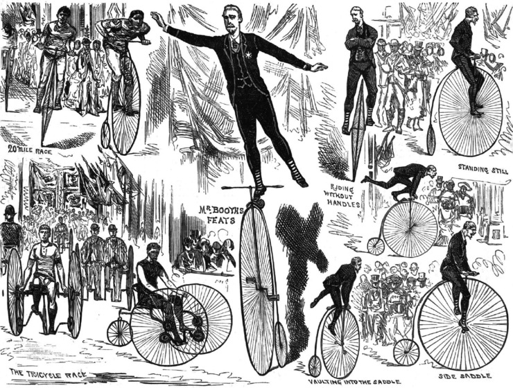Black and white series of illustrations on one page showing a series of vignettes of men in suits riding penny farthing bicycles 
