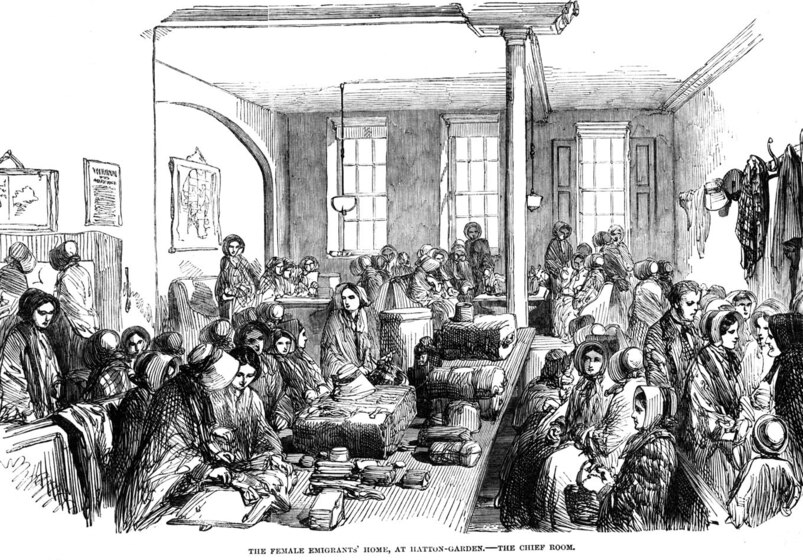 Line drawing of a room full of women wearing bonnets, standing around tables with luggage and trunks on top.