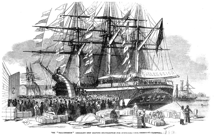 Line drawing of a large sail ship in dock with a crowd of people on land. Boxes and bales surround. 
