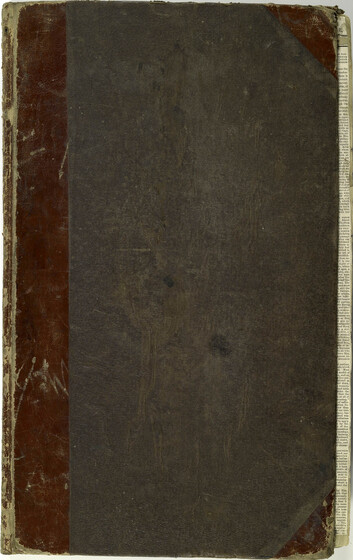 Tattered front cover of a closed book, blue with red paper down spine and on corners.