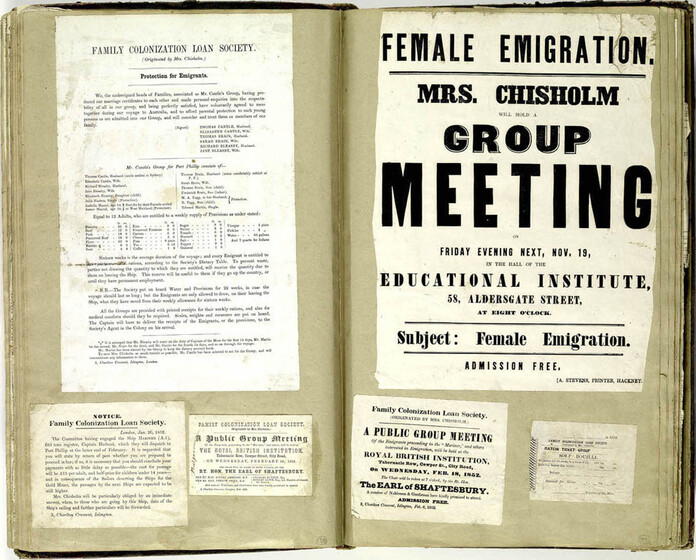 Open scrap book with articles glued in. On right page is an article reading 'Mrs Chisholm Group Meeting Educational Institute'.