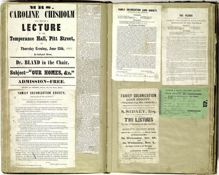 Open scrap book with articles glued in. On the left page is an articled reading 'Mrs Caroline Chisholm Lecture'