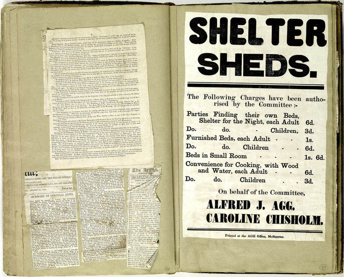 Open scrap book with articles glued in. On the right page an article reads 'Shelter Sheds'.