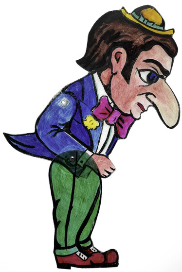 Acrylic figure of a man, jointed with pins at the waist. He has an face with large nose and small yellow hat. He wears green trousers, a bright blue coat with tails, and a pink bow tie. 