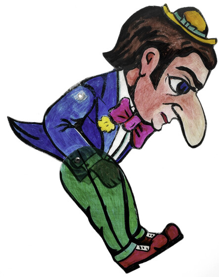 Acrylic figure of a man, jointed with pins at the waist. He has an face with large nose and small yellow hat. He is tilted at the waist to make a V shape. He wears green trousers, a bright blue coat with tails, and a pink bow tie. 
