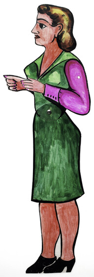 acrylic figure of a woman, jointed at the waist with a pin. She has blond hair and wears a green contemporary-style dress with pink sleeves.