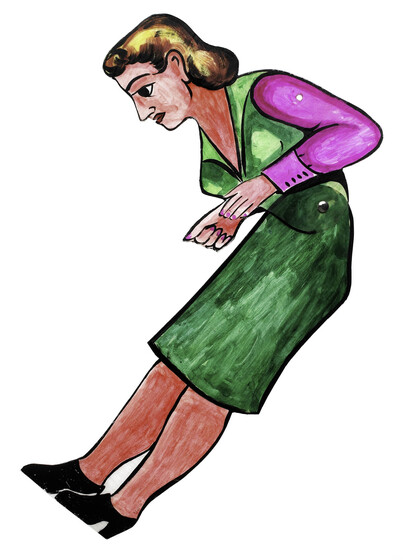 acrylic figure of a woman, jointed at the waist with a pin. Her upper body and legs are tilted forward to make a 'V' shape. She has blond hair and wears a green contemporary-style dress with pink sleeves.