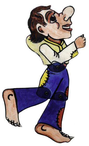 Acrylic figure of a man, jointed with pins at the waist and knees. He has an exaggerated face with large nose and large oversized feet. He wears blue trousers with red and yellow patches, and a yellow vest. He is positioned running and looking up.