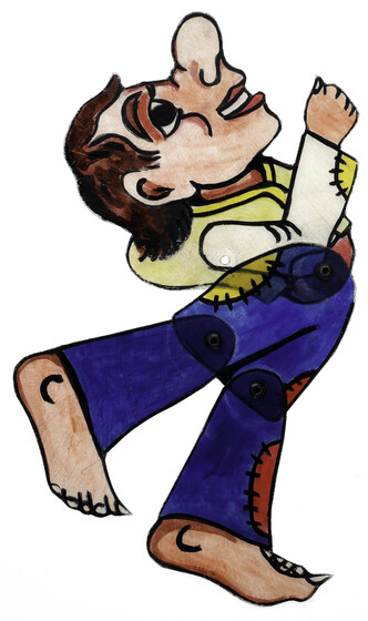 Acrylic figure of a man, jointed with pins at the waist and knees. He has an exaggerated face with large nose and large oversized feet. He wears blue trousers with red and yellow patches, and a yellow vest. He is positioned tilted back looking up, with one leg raised to the back. 