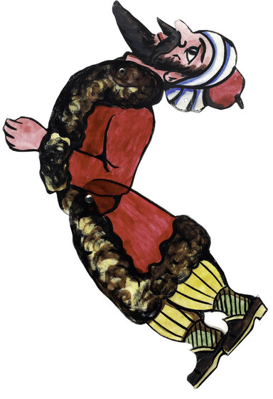 Acrylic figure of a man, jointed with pins at the waist. He has a beard, and wears a long red coat with fluffy brown trim, yellow trousers, and a red and white turban. He is positioned tilted back from the waist to make a 'C' shape.