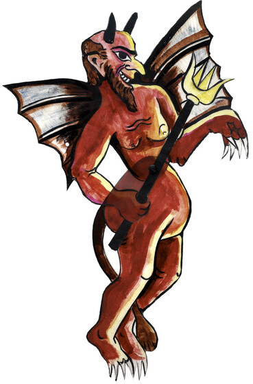 Acrylic figure of a red demon or devil character with wings, horns and holding a sceptre or staff. He is jointed with pins at the waist. 