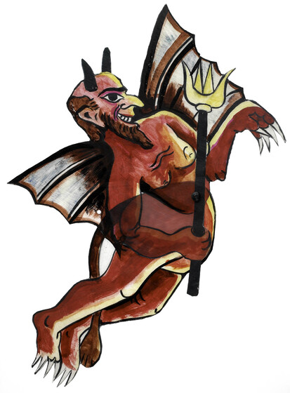 Acrylic figure of a red demon or devil character with wings, horns and holding a sceptre or staff. He is jointed with pins at the waist, and positioned tilting back.