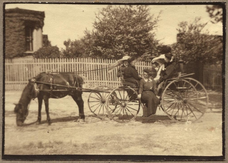 Four women and one man seated in an open carriage pulled by a horse. The horse has its head bent down to the ground, and behind is a picket fence, trees and building.