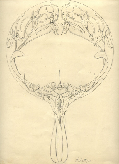 Line drawing on yellowed paper of a flowers and stem, drawn in the shape of an oval hand mirror. 